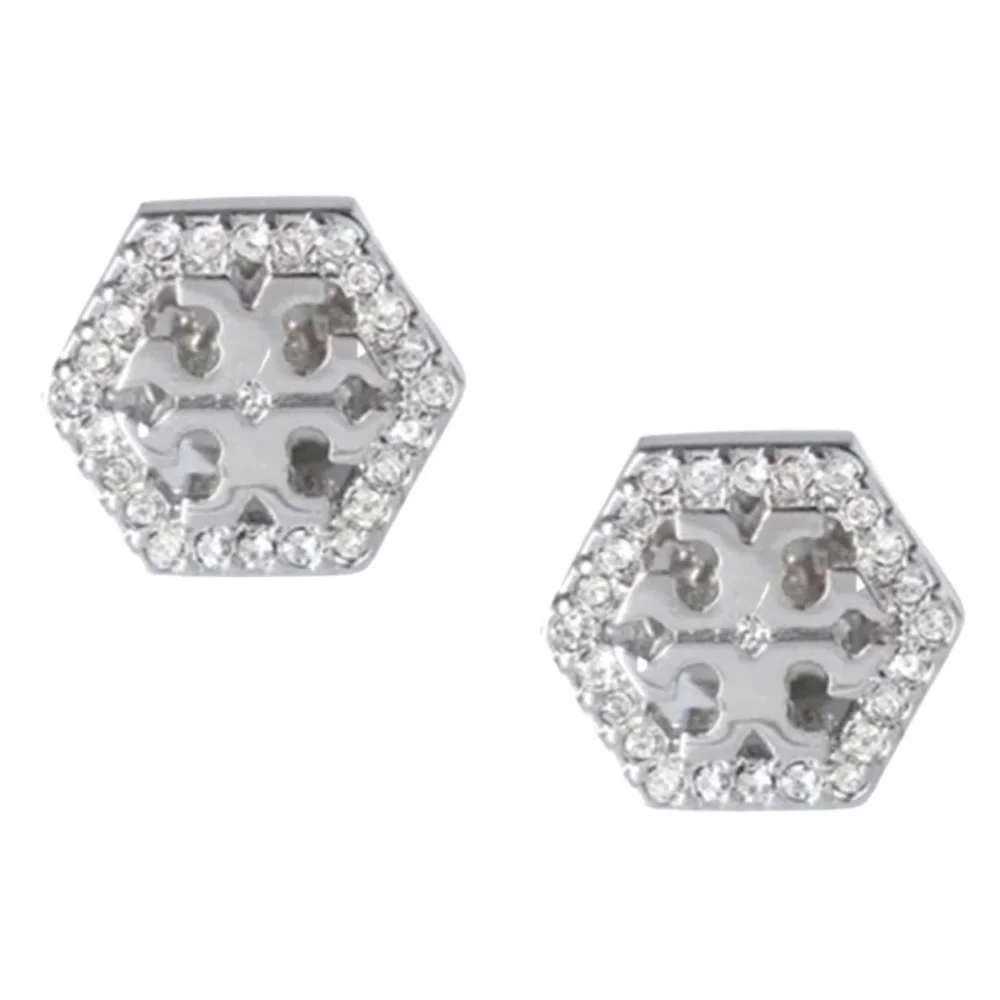 TORY BURCH • Silver Hexagon Crystal Logo Earrings